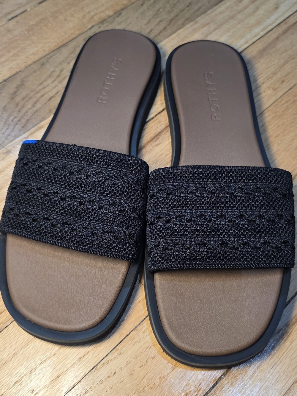 Rothy's Black Knit Slide Sandals with Brown Footbed